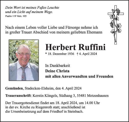Traueranzeige von Herbert Ruffini von WochenSpiegel