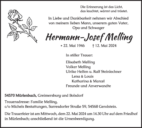 Traueranzeige von Hermann-Josef Melling von WochenSpiegel