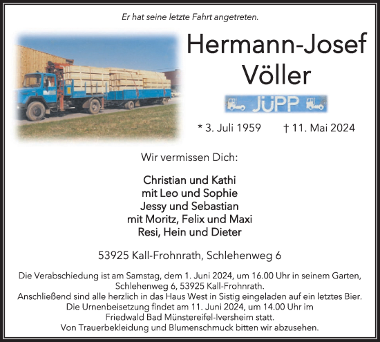 Traueranzeige von Hermann-Josef Völler von WochenSpiegel