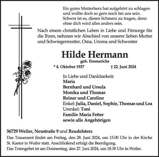 Traueranzeige von Hilde Hermann von WochenSpiegel