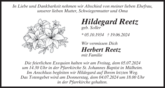 Traueranzeige von Hildegard Reetz von WochenSpiegel