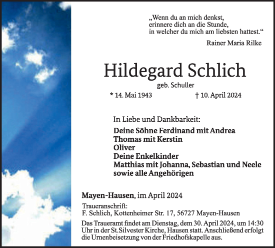 Traueranzeige von Hildegard Schlich von WochenSpiegel