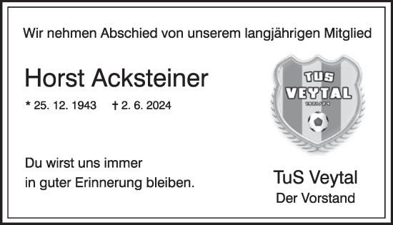 Traueranzeige von Horst Acksteiner von WochenSpiegel