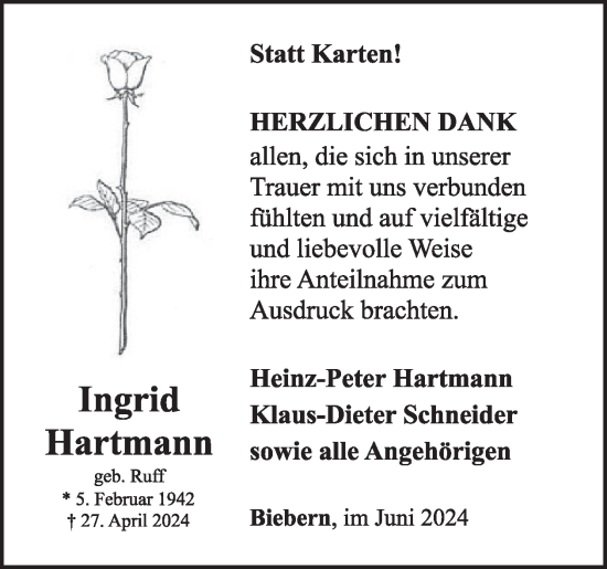 Traueranzeige von Ingrid Hartmann von WochenSpiegel