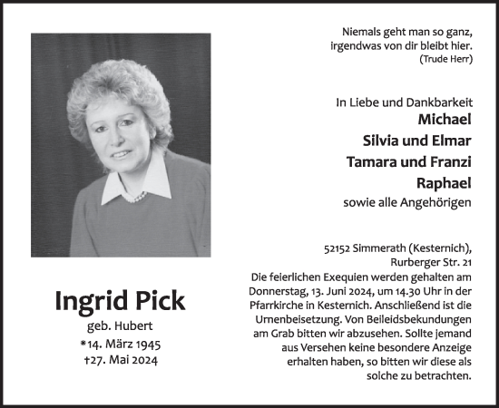 Traueranzeige von Ingrid Pick von WochenSpiegel