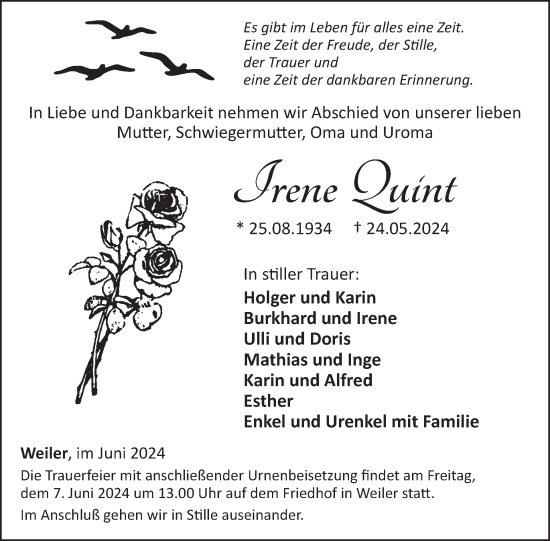 Traueranzeige von Irene Quint von WochenSpiegel