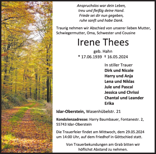 Traueranzeige von Irene Thees von WochenSpiegel
