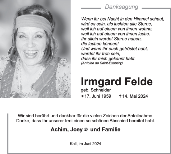 Traueranzeige von Irmgard Felde von WochenSpiegel