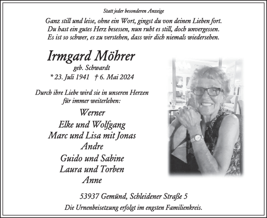 Traueranzeige von Irmgard Möhrer von WochenSpiegel