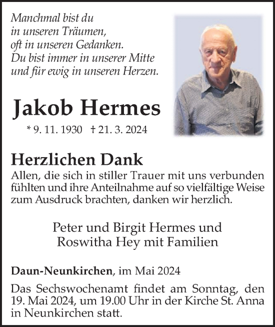Traueranzeige von Jakob Hermes von WochenSpiegel