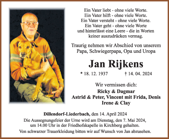 Traueranzeige von Jan Rijkens von WochenSpiegel
