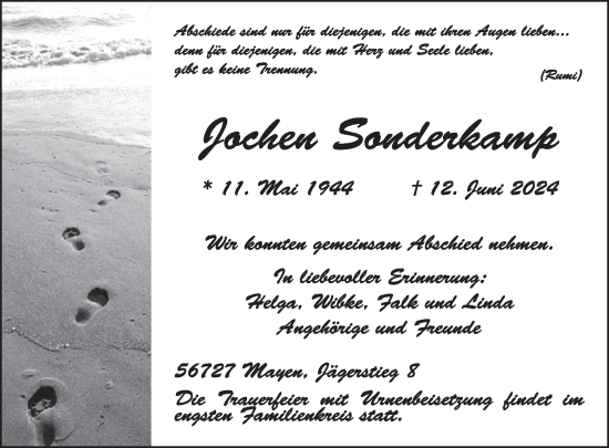 Traueranzeige von Jochen Sanderkamp von WochenSpiegel