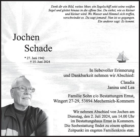 Traueranzeige von Jochen Schade von WochenSpiegel