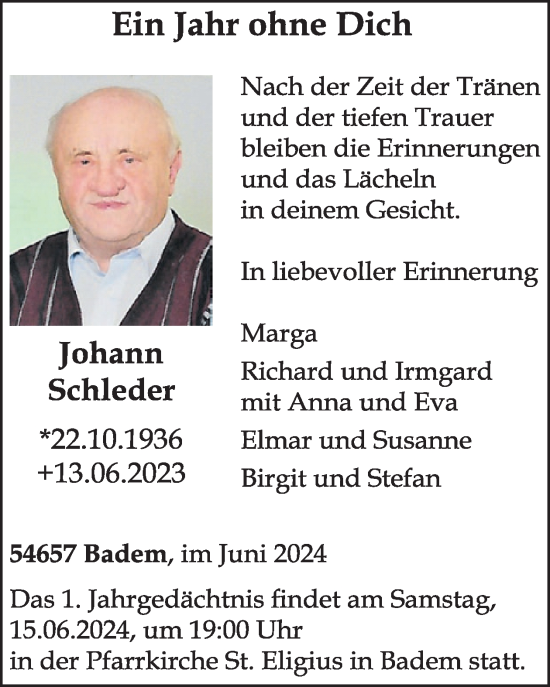 Traueranzeige von Johann Schleder von WochenSpiegel