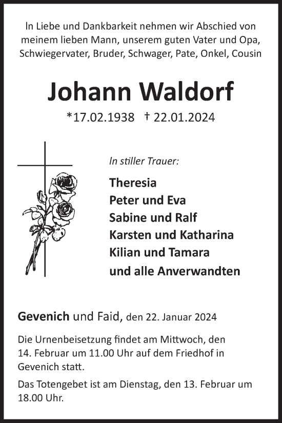 Traueranzeige von Johann Waldorf von WochenSpiegel