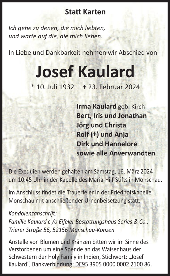 Traueranzeige von Josef Kaulard von WochenSpiegel