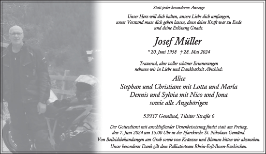 Traueranzeige von Josef Müller von WochenSpiegel
