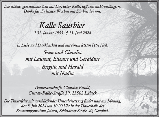 Traueranzeige von Kalle Saurbier von WochenSpiegel