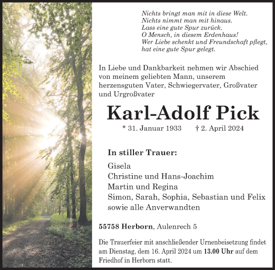 Traueranzeige von Karl-Adolf Pick von WochenSpiegel