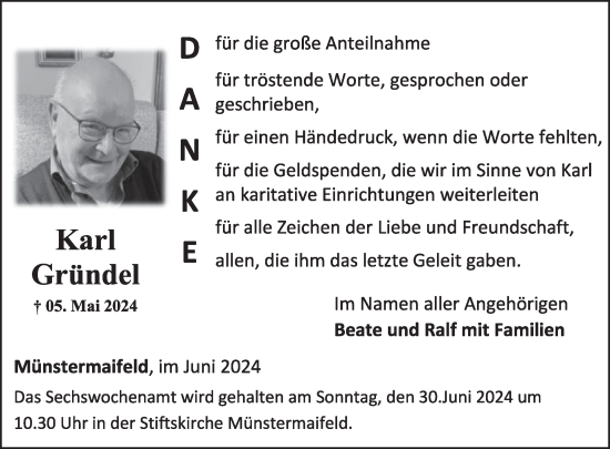 Traueranzeige von Karl Gründel von WochenSpiegel