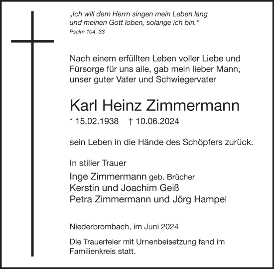 Traueranzeige von Karl Heinz Zimmermann von WochenSpiegel