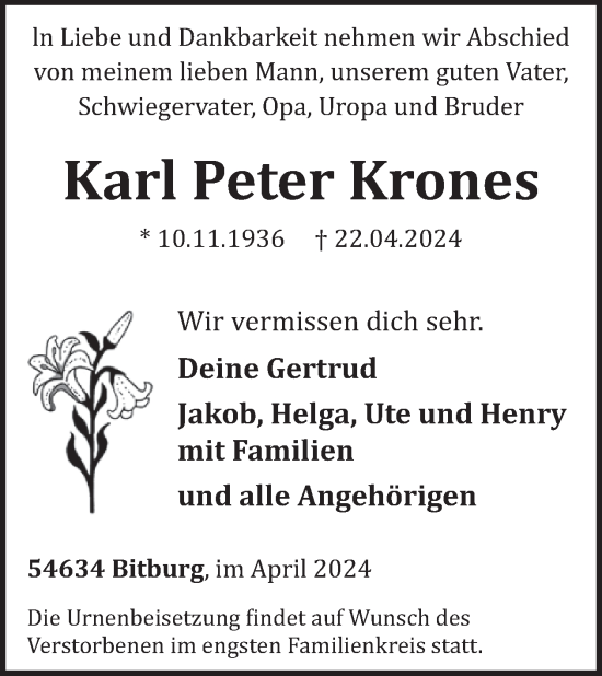 Traueranzeige von Karl Peter Krones von WochenSpiegel