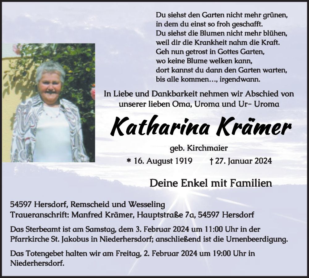  Traueranzeige für Katharina Krämer vom 01.02.2024 aus WochenSpiegel