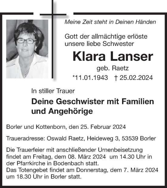 Traueranzeige von Klara Lanser von WochenSpiegel
