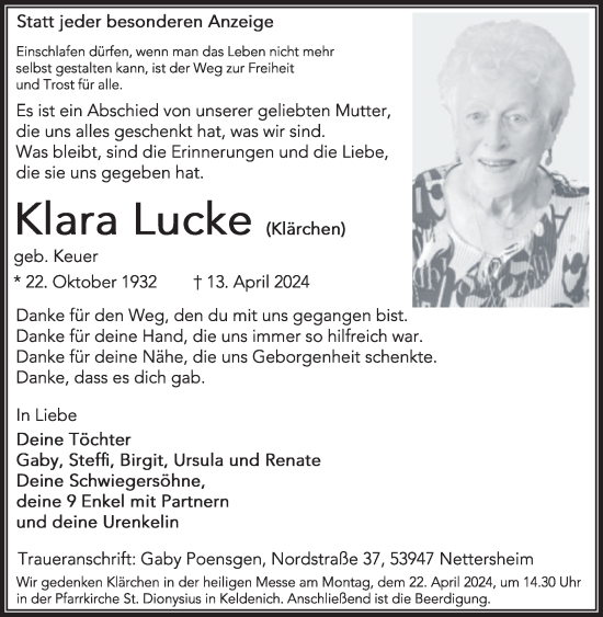 Traueranzeige von Klara Lucke von WochenSpiegel