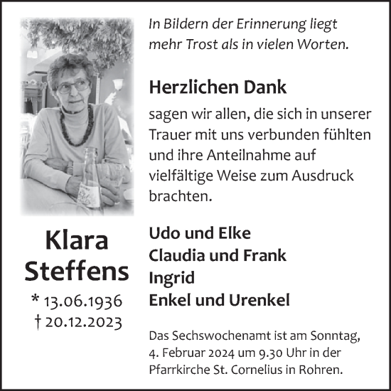 Traueranzeige von Klara Steffens von WochenSpiegel