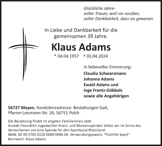 Traueranzeige von Klaus Adams von WochenSpiegel