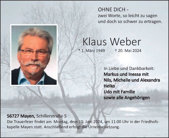 Traueranzeige von Klaus Weber von WochenSpiegel