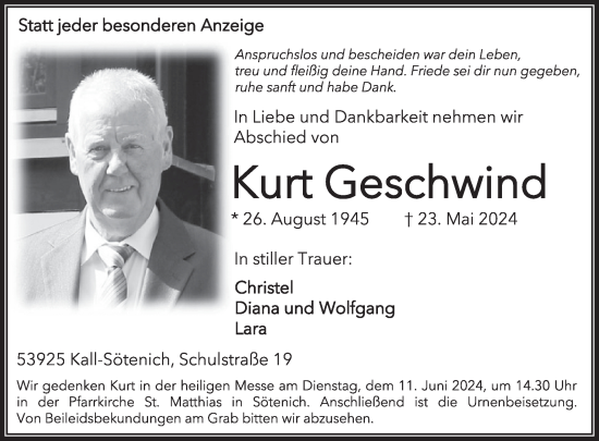 Traueranzeige von Kurt Geschwind von WochenSpiegel