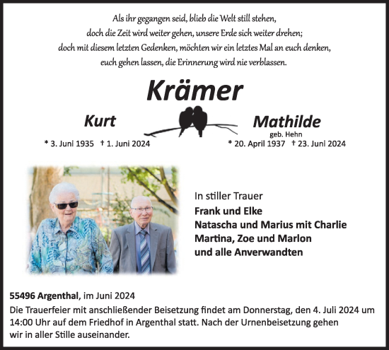 Traueranzeige von Kurt und Mathilde Krämer von WochenSpiegel