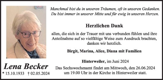 Traueranzeige von Lena Becker von WochenSpiegel