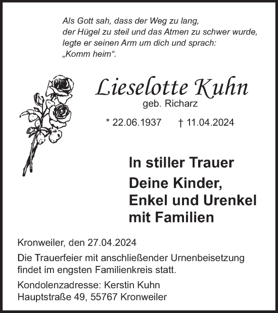 Traueranzeige von Lieselotte Kufin von WochenSpiegel