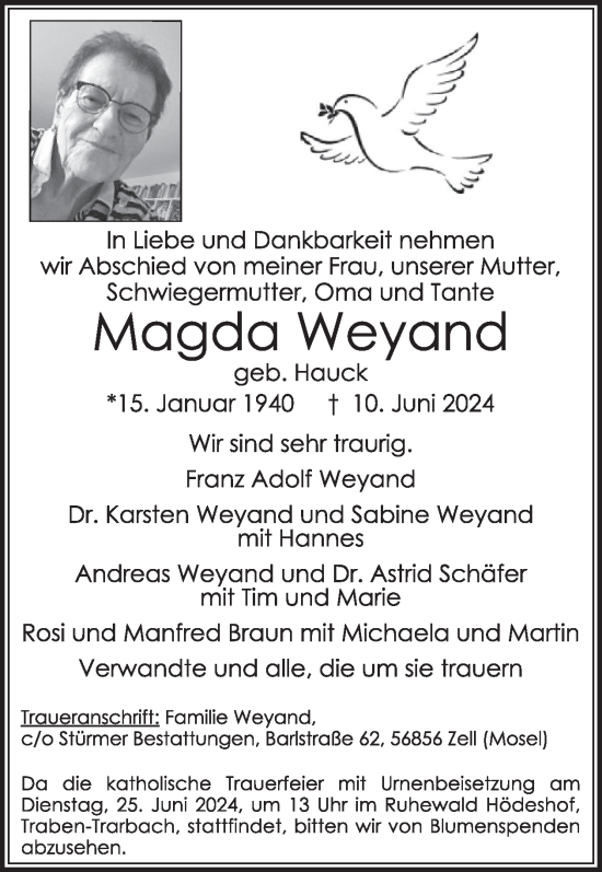 Traueranzeige von Magda Weyand von WochenSpiegel