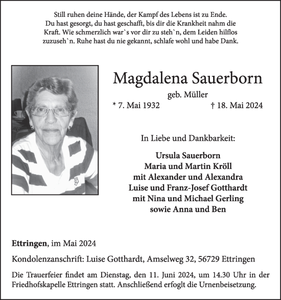 Traueranzeige von Magdalena Sauerborn von WochenSpiegel