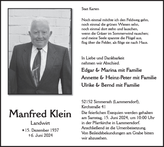 Traueranzeige von Manfred Klein von WochenSpiegel
