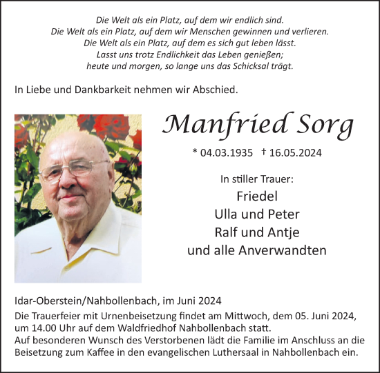 Traueranzeige von Manfried Sorg von WochenSpiegel