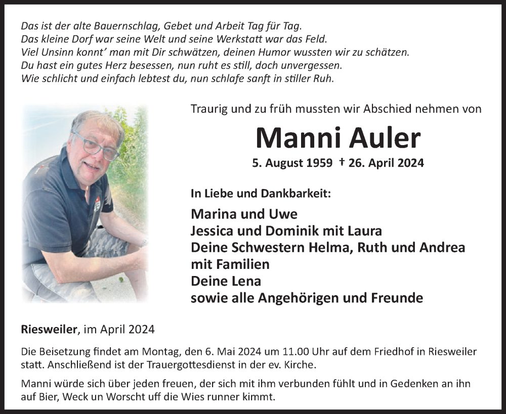  Traueranzeige für Manni Auler vom 04.05.2024 aus WochenSpiegel