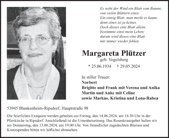 Traueranzeige von Margareta Plützer von WochenSpiegel