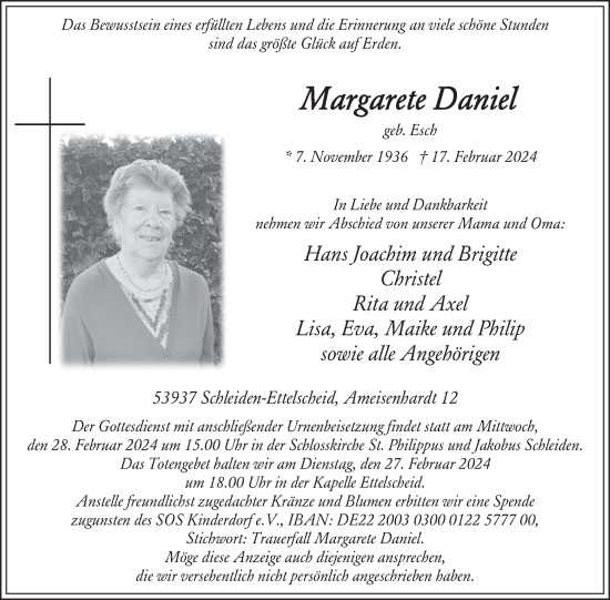 Traueranzeige von Margarete Daniel von WochenSpiegel