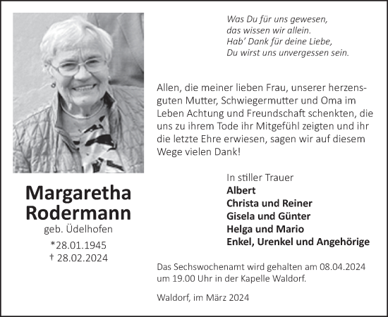 Traueranzeige von Margaretha Rodermann von WochenSpiegel