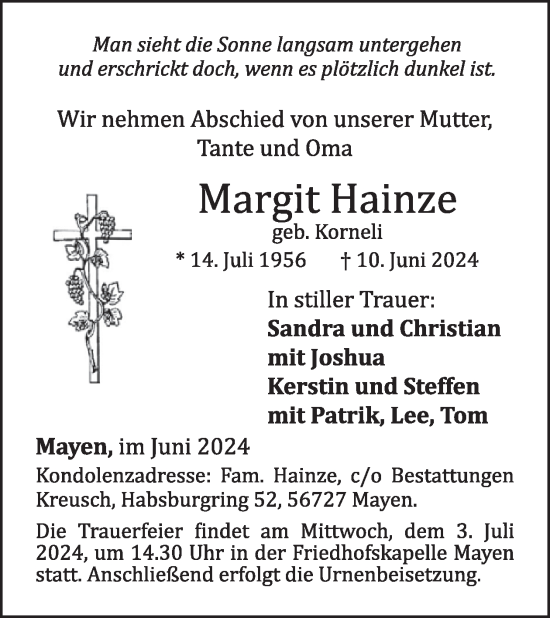 Traueranzeige von Margit Hainze von WochenSpiegel