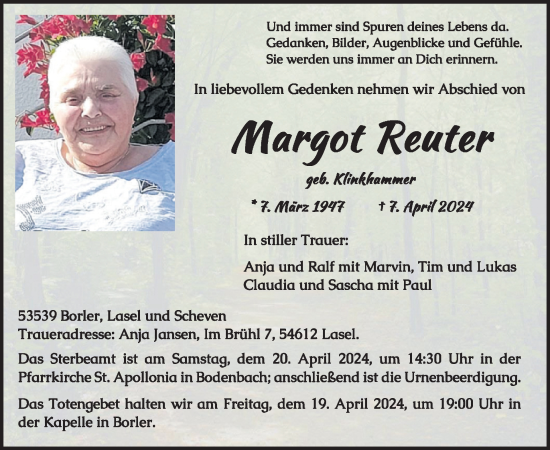 Traueranzeige von Margot Reuter von WochenSpiegel