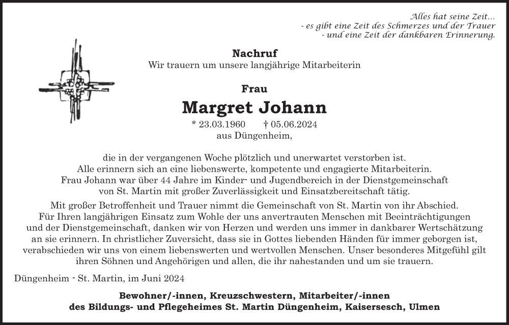  Traueranzeige für Margret Johann vom 19.06.2024 aus WochenSpiegel