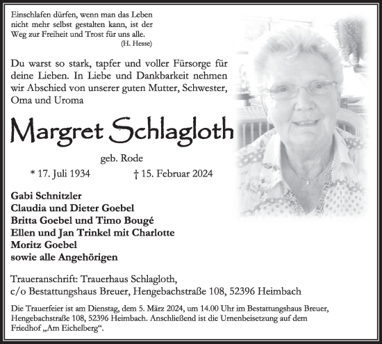 Traueranzeige von Margret Schlagloth von WochenSpiegel