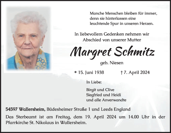 Traueranzeige von Margret Schmitz von WochenSpiegel