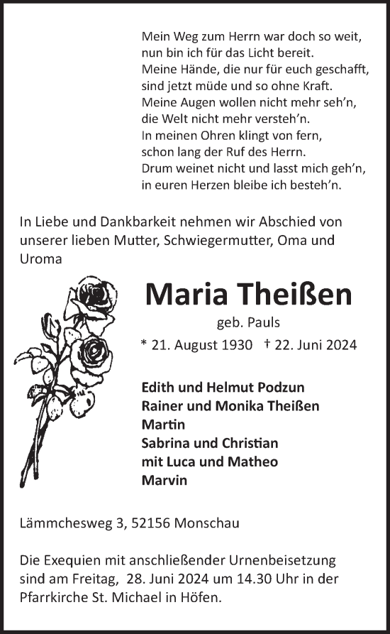 Traueranzeige von Maria Theißen von WochenSpiegel